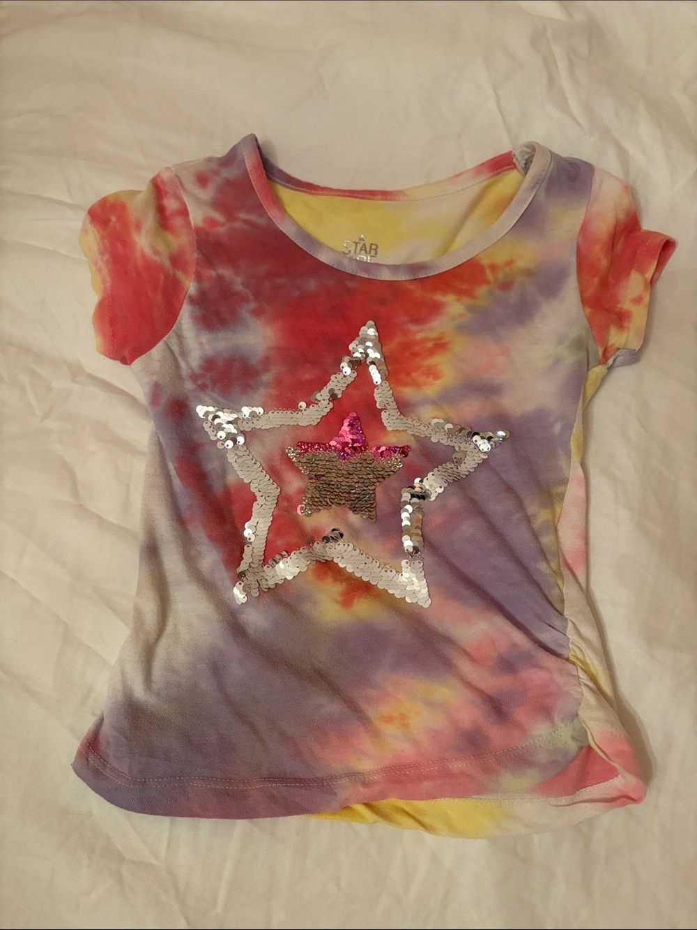 Girls Multicolor Tie-Dye Sequin Star Short Sleeve Tee